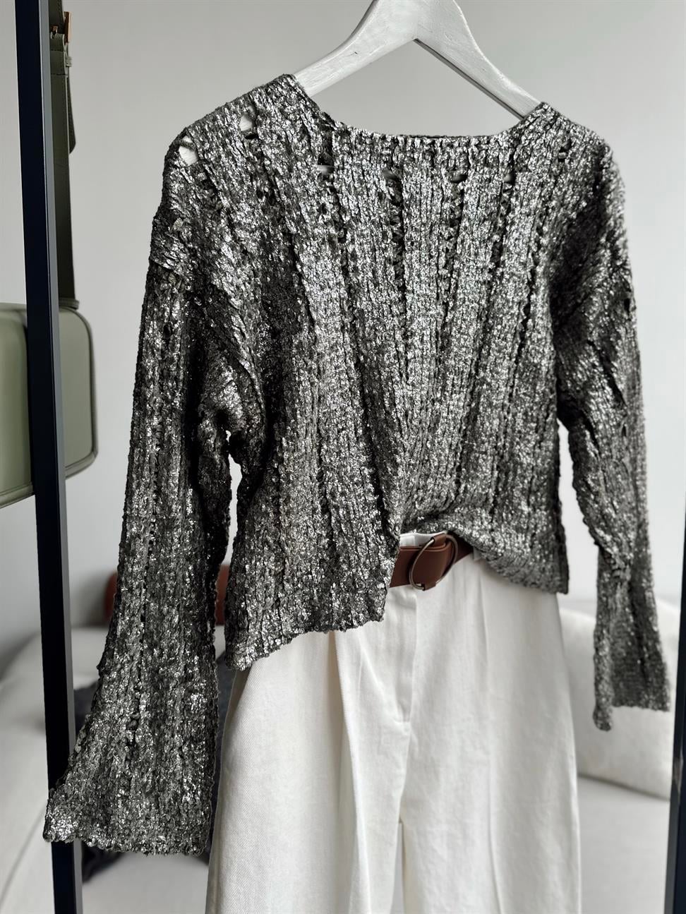 Haki Işıltılı Triko Bluz