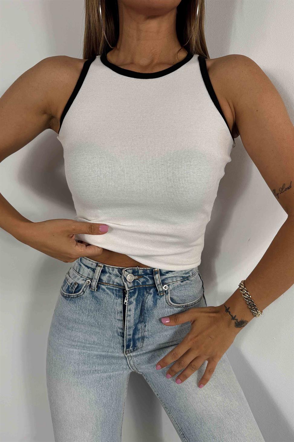 Halter Yaka Fitilli Bluz Beyaz