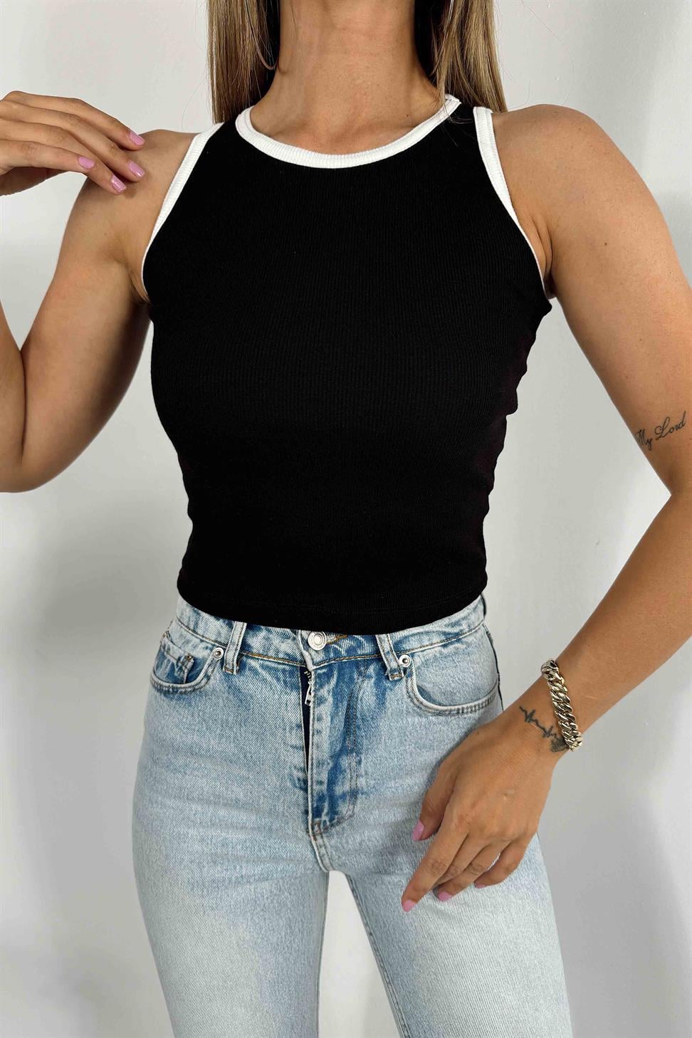 Halter Yaka Fitilli Bluz Siyah