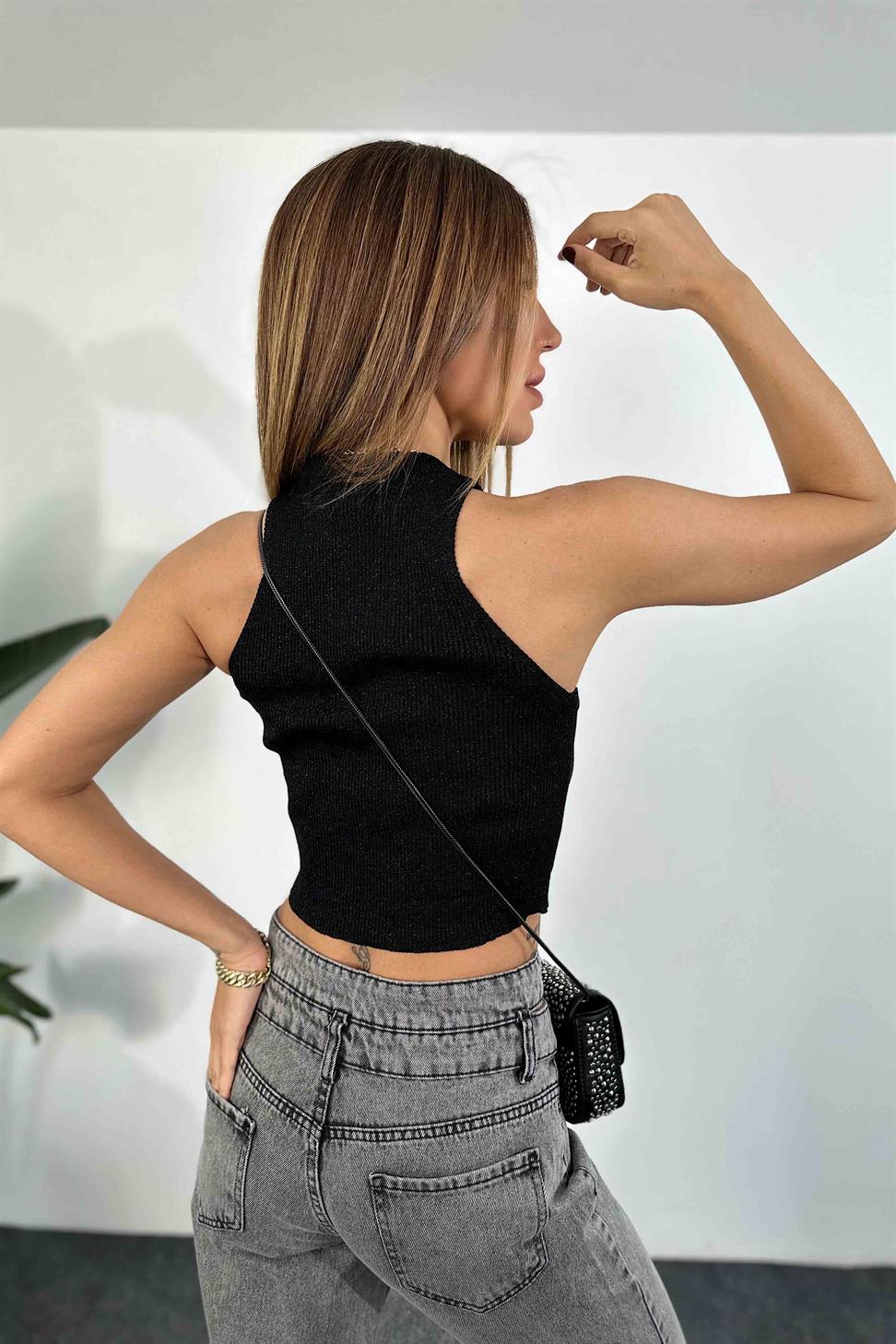 Halter Yaka Kolsuz Sim Detaylı Triko Bluz Siyah