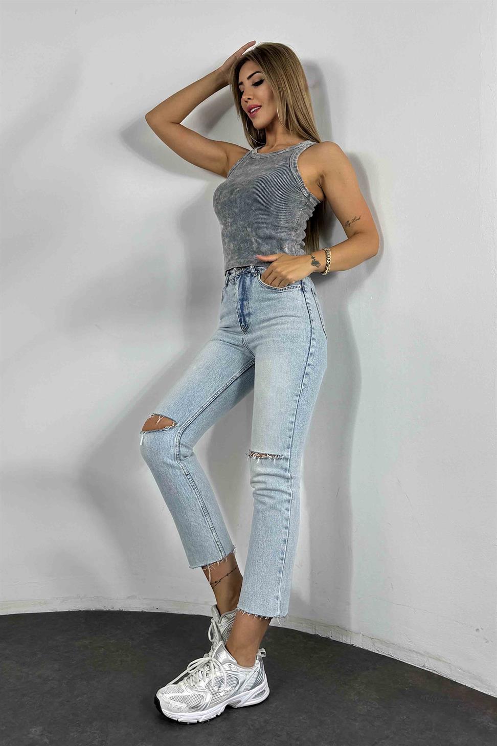 Halter Yaka Yıkamalı Kadın Bluz Gri