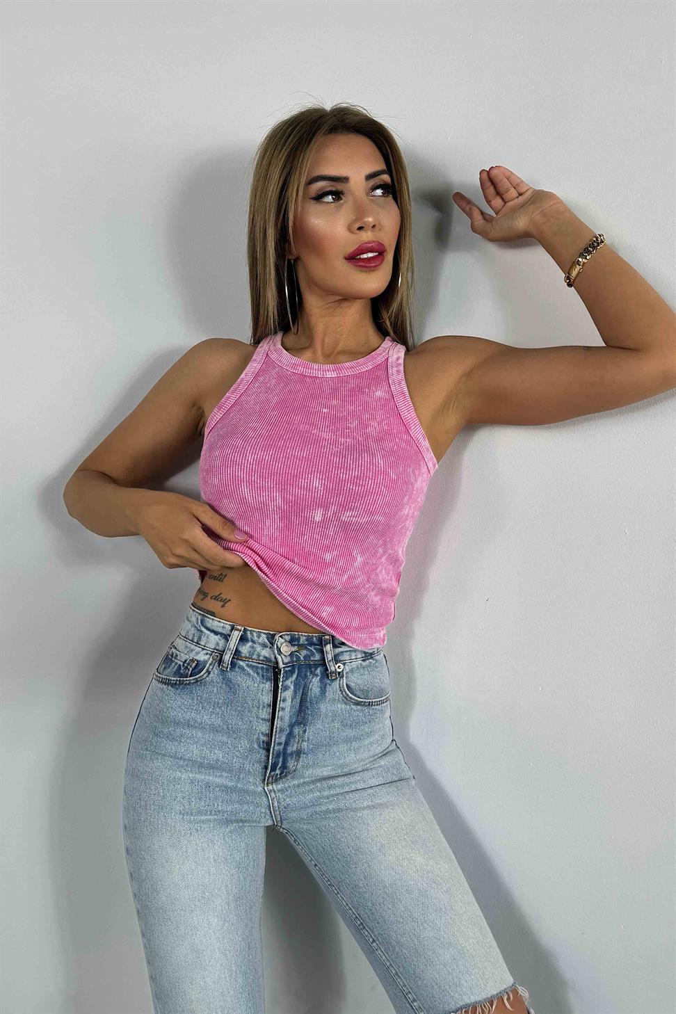 Halter Yaka Yıkamalı Kadın Bluz Pembe