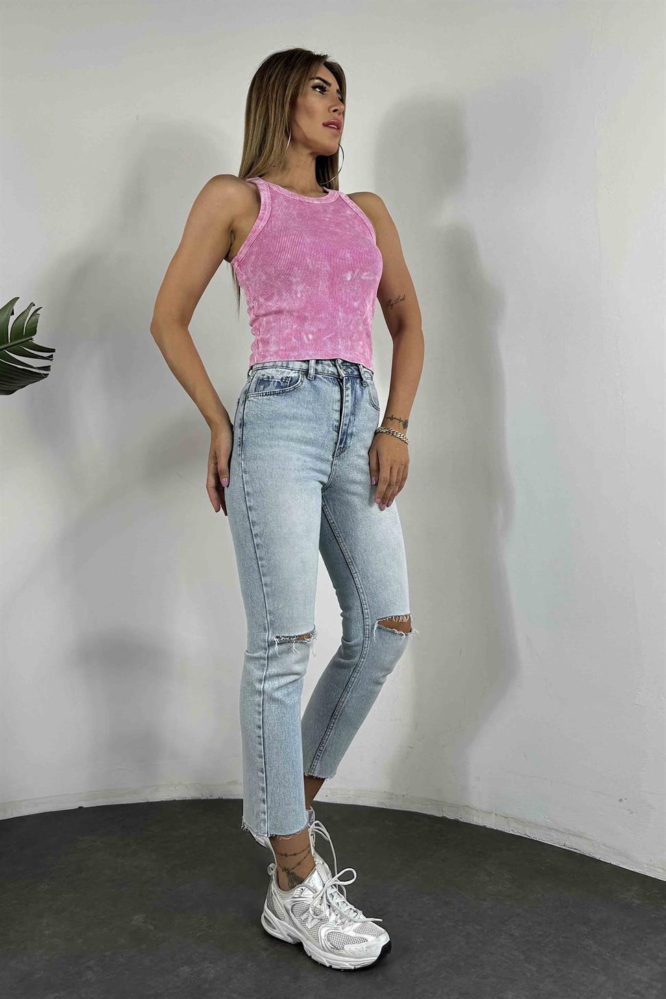 Halter Yaka Yıkamalı Kadın Bluz Pembe