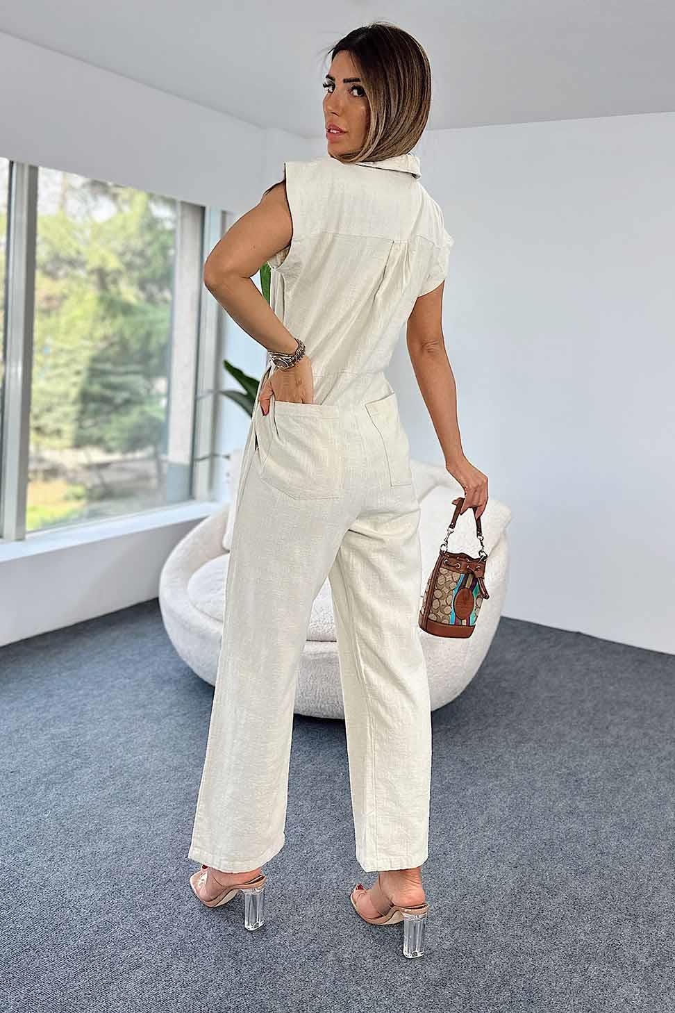 Ham Keten Kolsuz Fermuarlı Kadın Tulum Taş