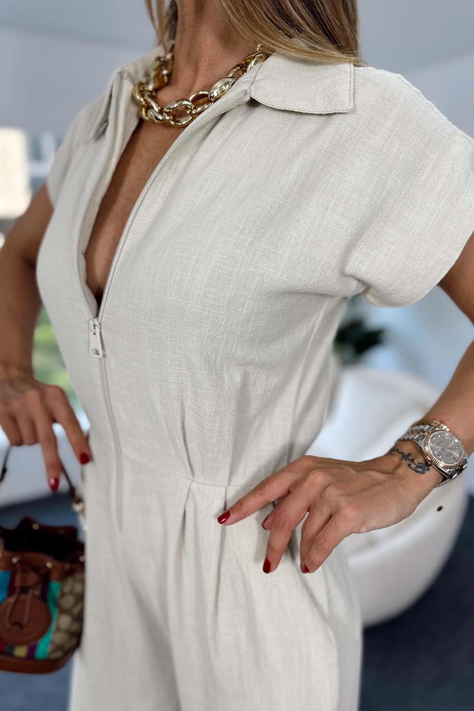 Ham Keten Kolsuz Fermuarlı Kadın Tulum Taş