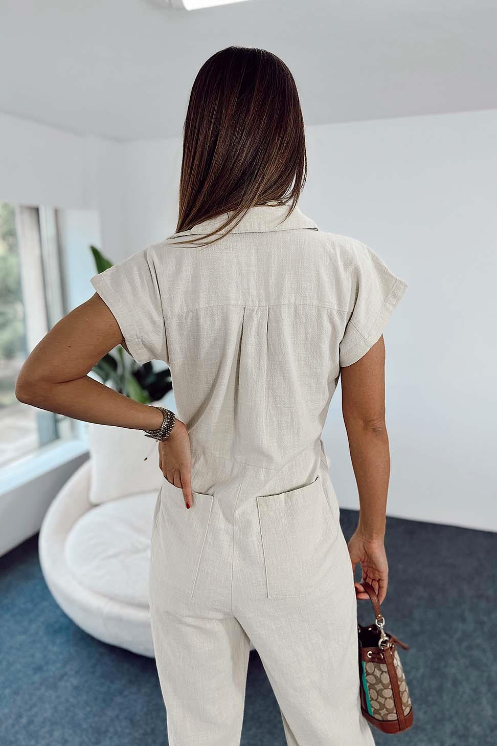 Ham Keten Kolsuz Fermuarlı Kadın Tulum Taş