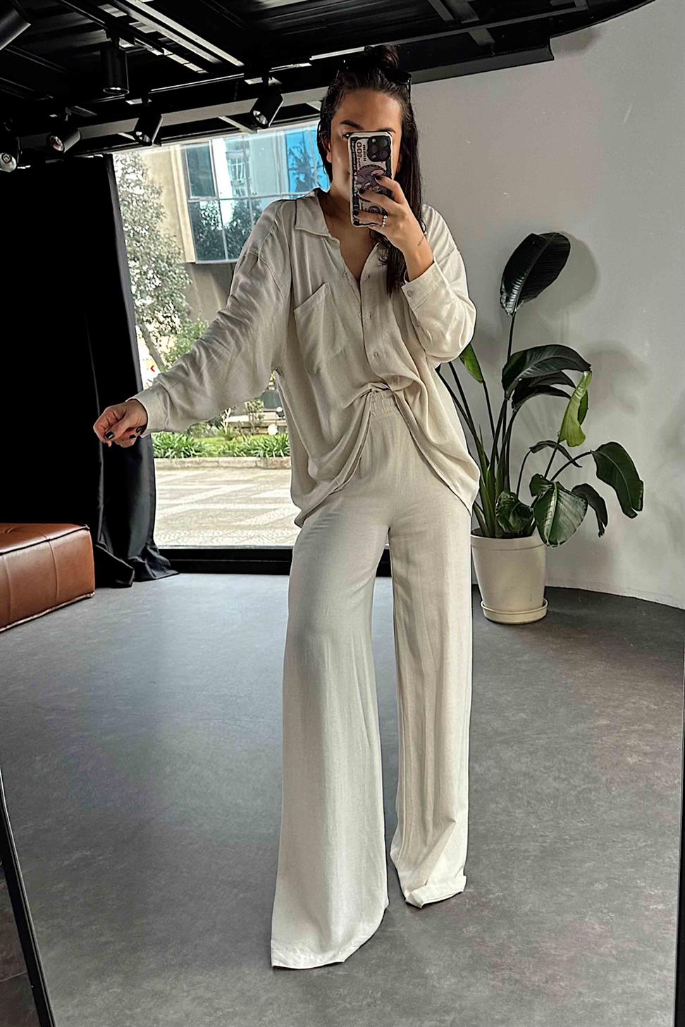 Ham Keten Oversize Çift Cepli Kadın Takım Taş