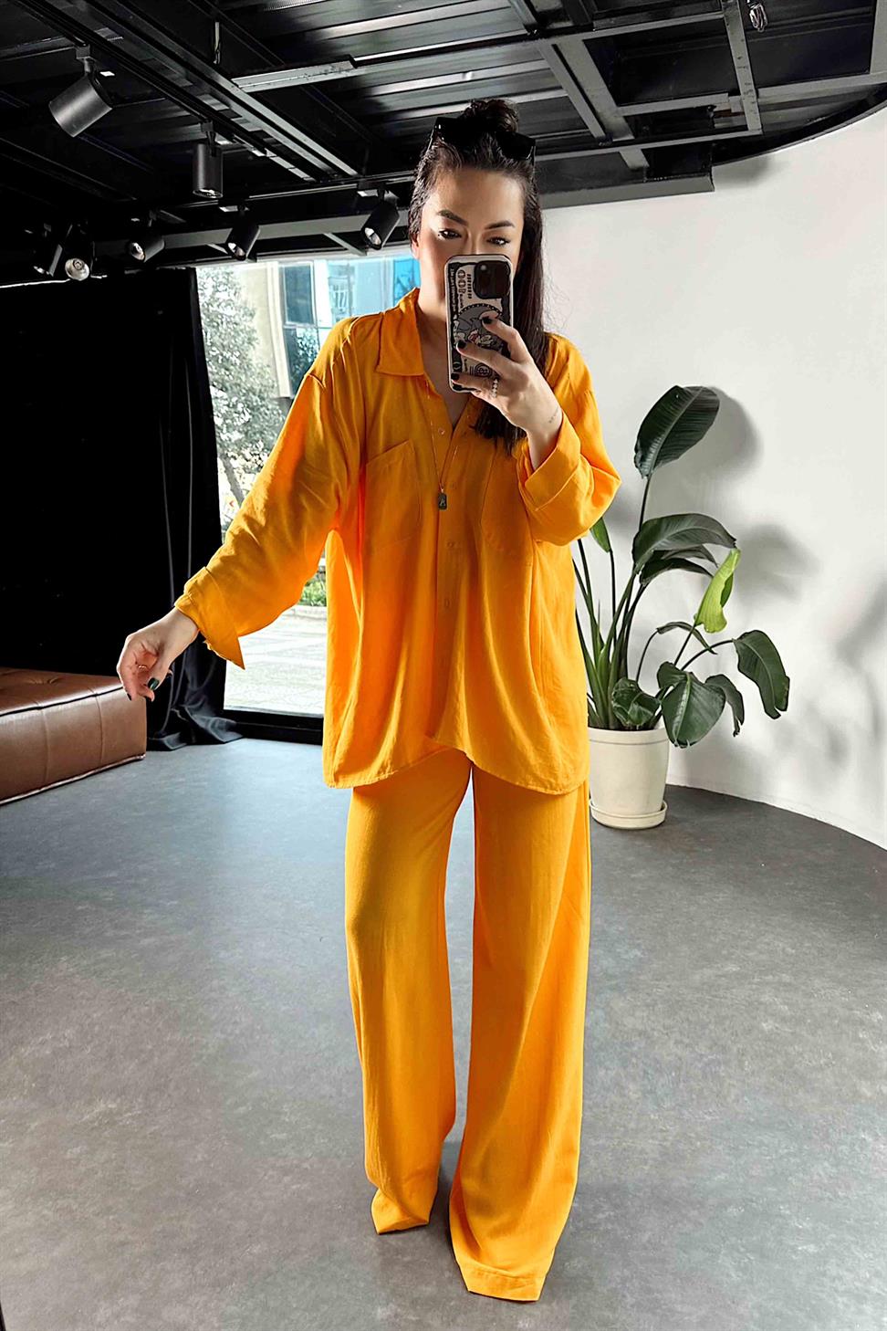 Ham Keten Oversize Çift Cepli Kadın Takım Turuncu
