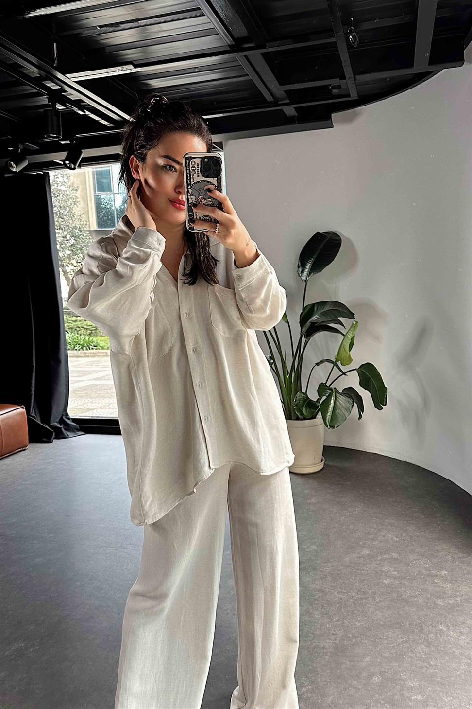 Ham Keten Oversize Çift Cepli Kadın Takım Taş