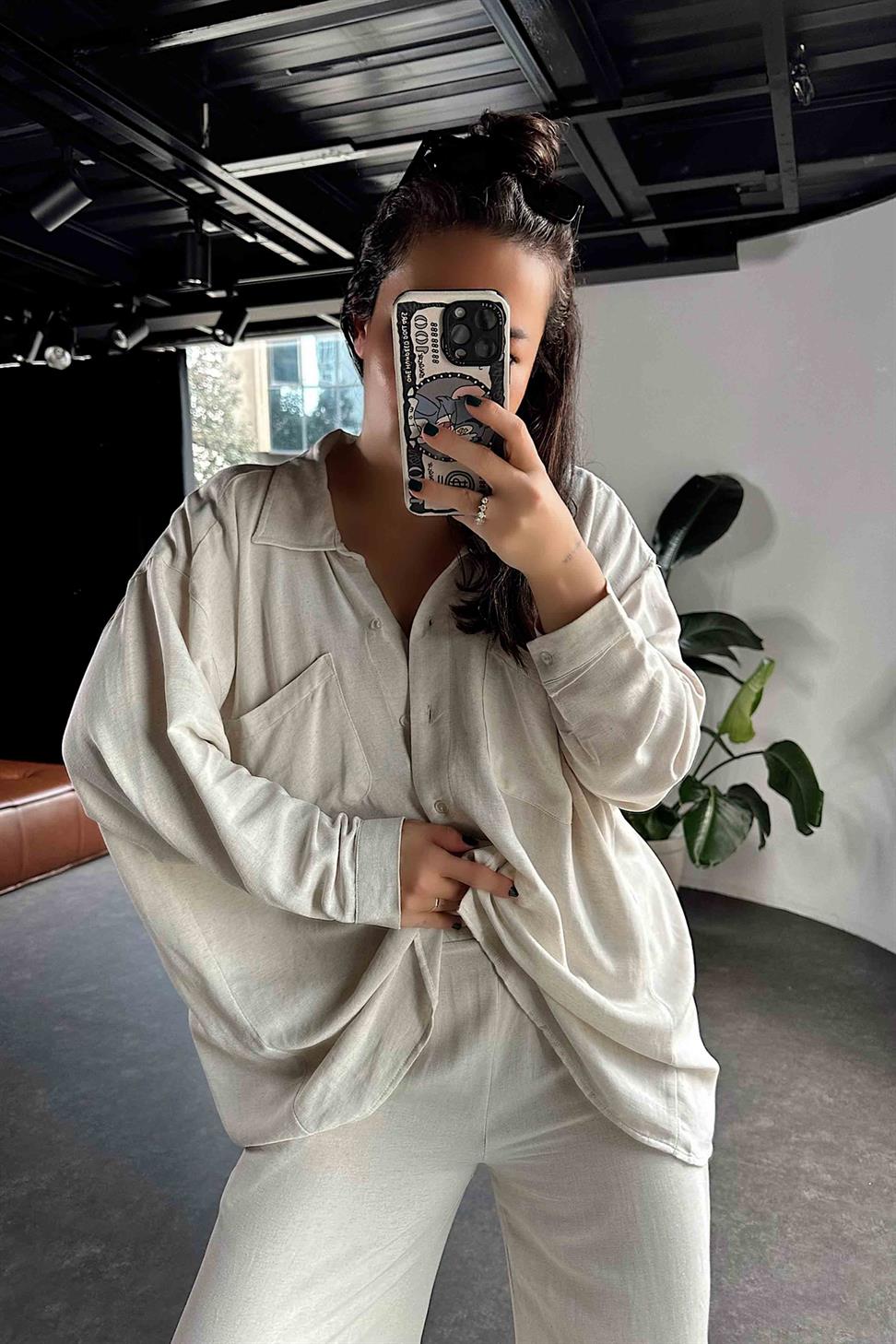 Ham Keten Oversize Çift Cepli Kadın Takım Taş