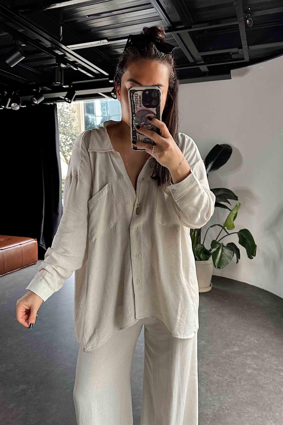 Ham Keten Oversize Çift Cepli Kadın Takım Taş