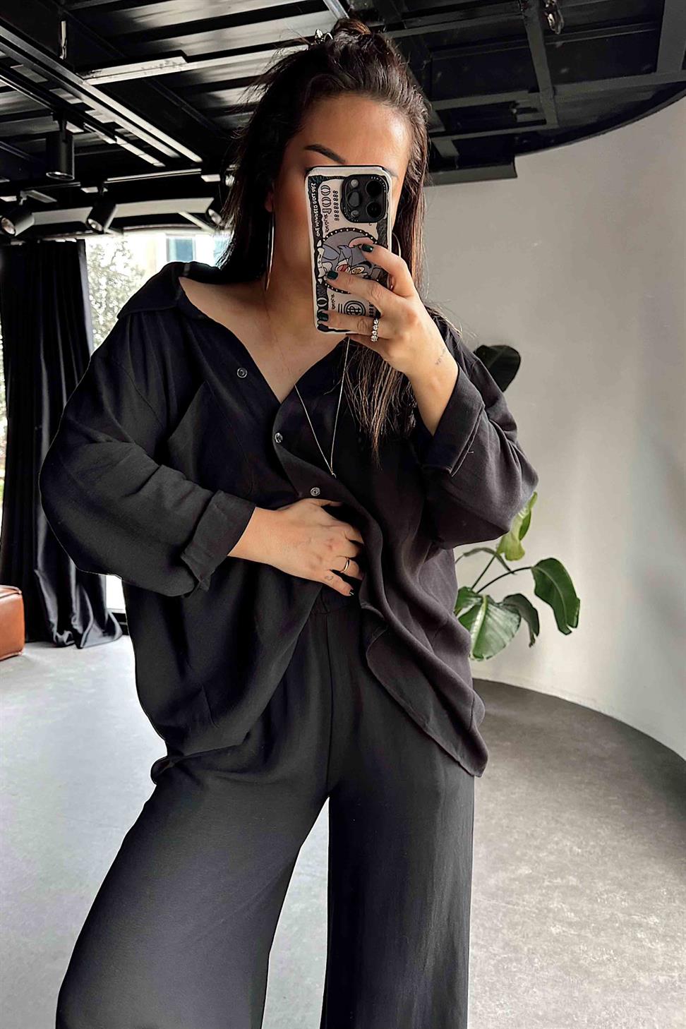 Ham Keten Oversize Çift Cepli Kadın Takım Siyah