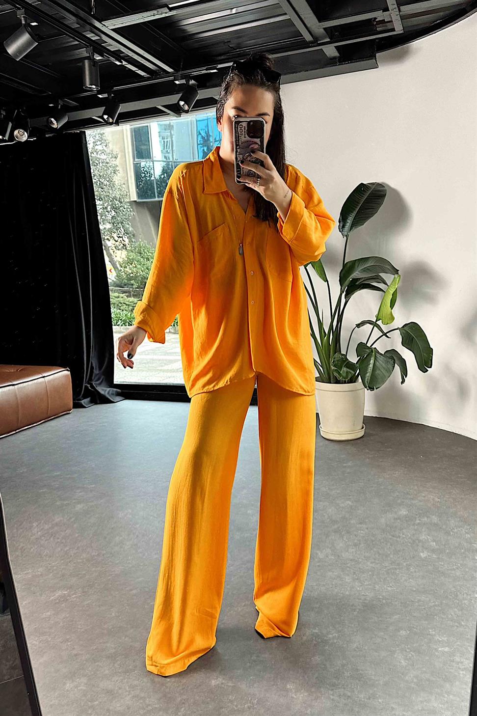 Ham Keten Oversize Çift Cepli Kadın Takım Turuncu