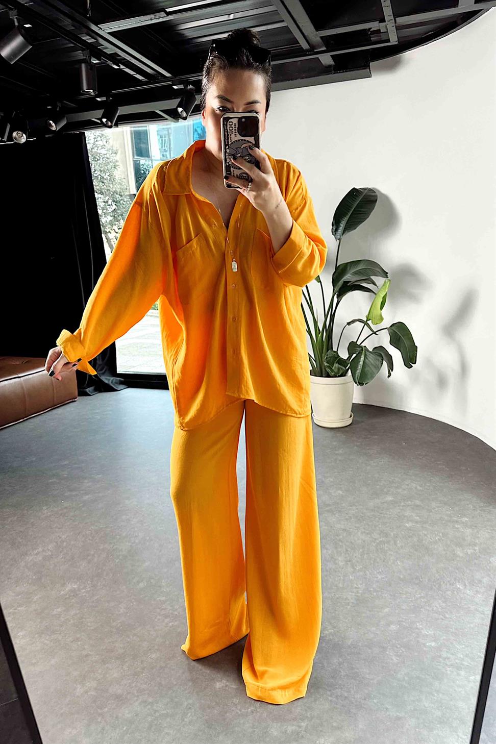 Ham Keten Oversize Çift Cepli Kadın Takım Turuncu