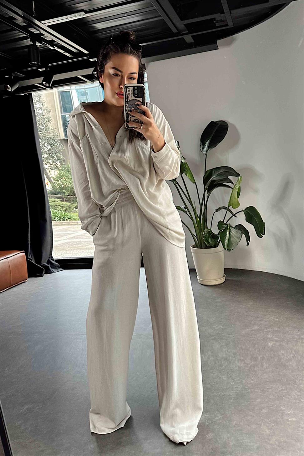 Ham Keten Oversize Çift Cepli Kadın Takım Taş