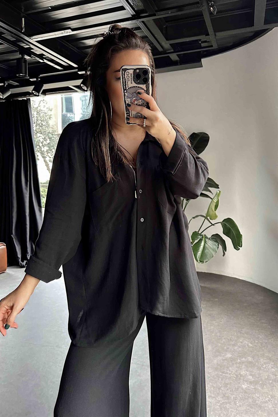 Ham Keten Oversize Çift Cepli Kadın Takım Siyah