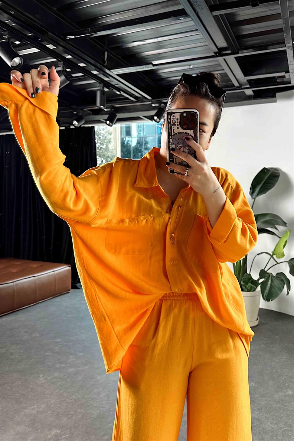 Ham Keten Oversize Çift Cepli Kadın Takım Turuncu