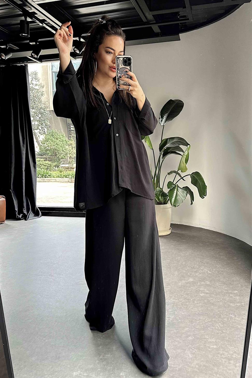 Ham Keten Oversize Çift Cepli Kadın Takım Siyah