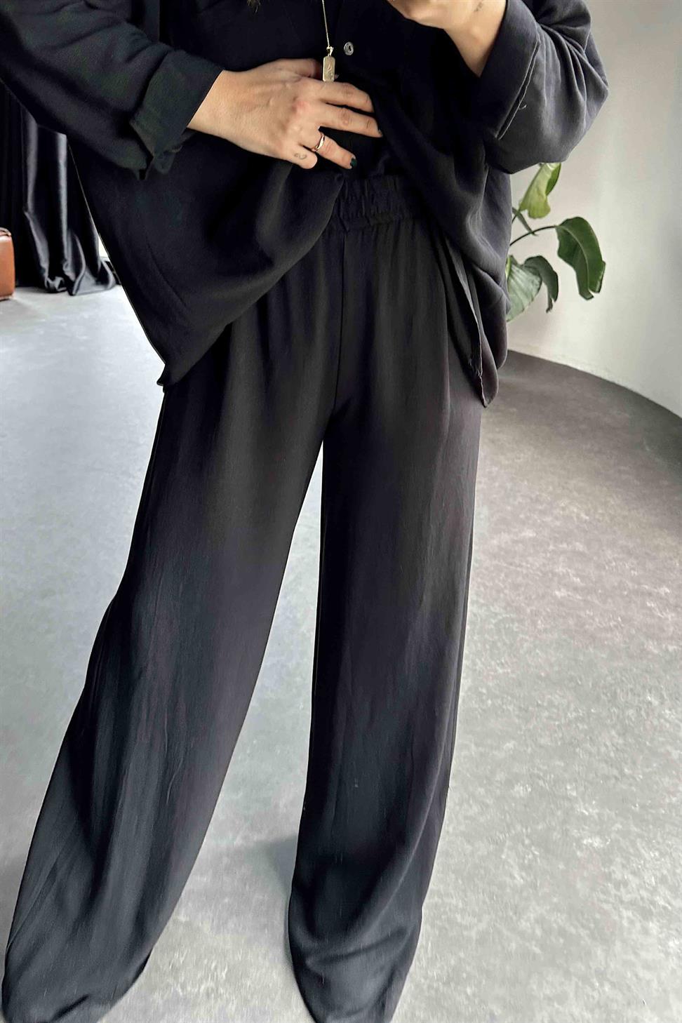 Ham Keten Oversize Çift Cepli Kadın Takım Siyah