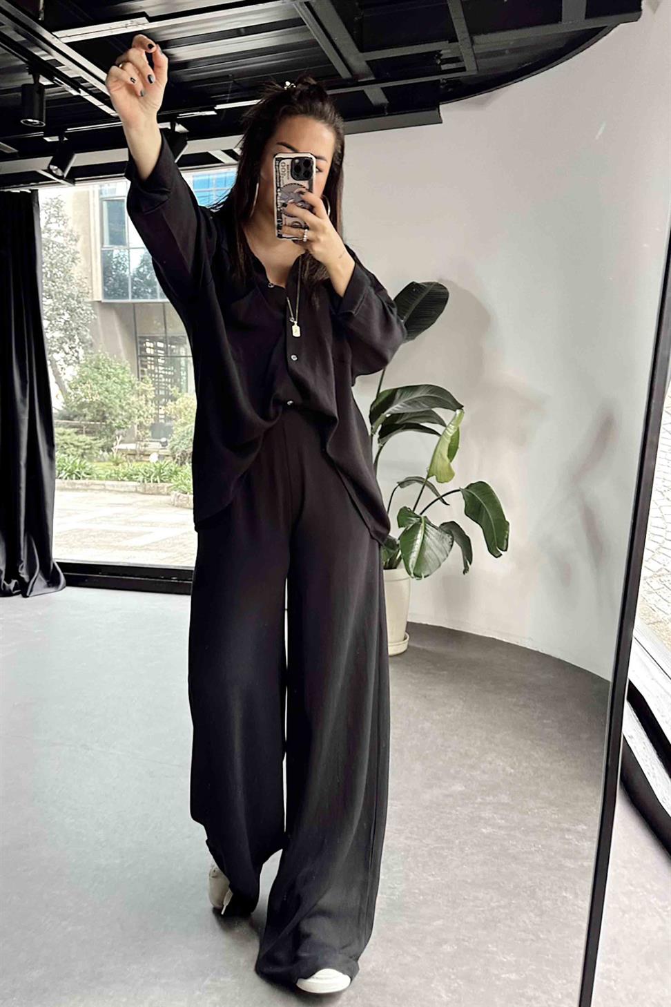 Ham Keten Oversize Çift Cepli Kadın Takım Siyah