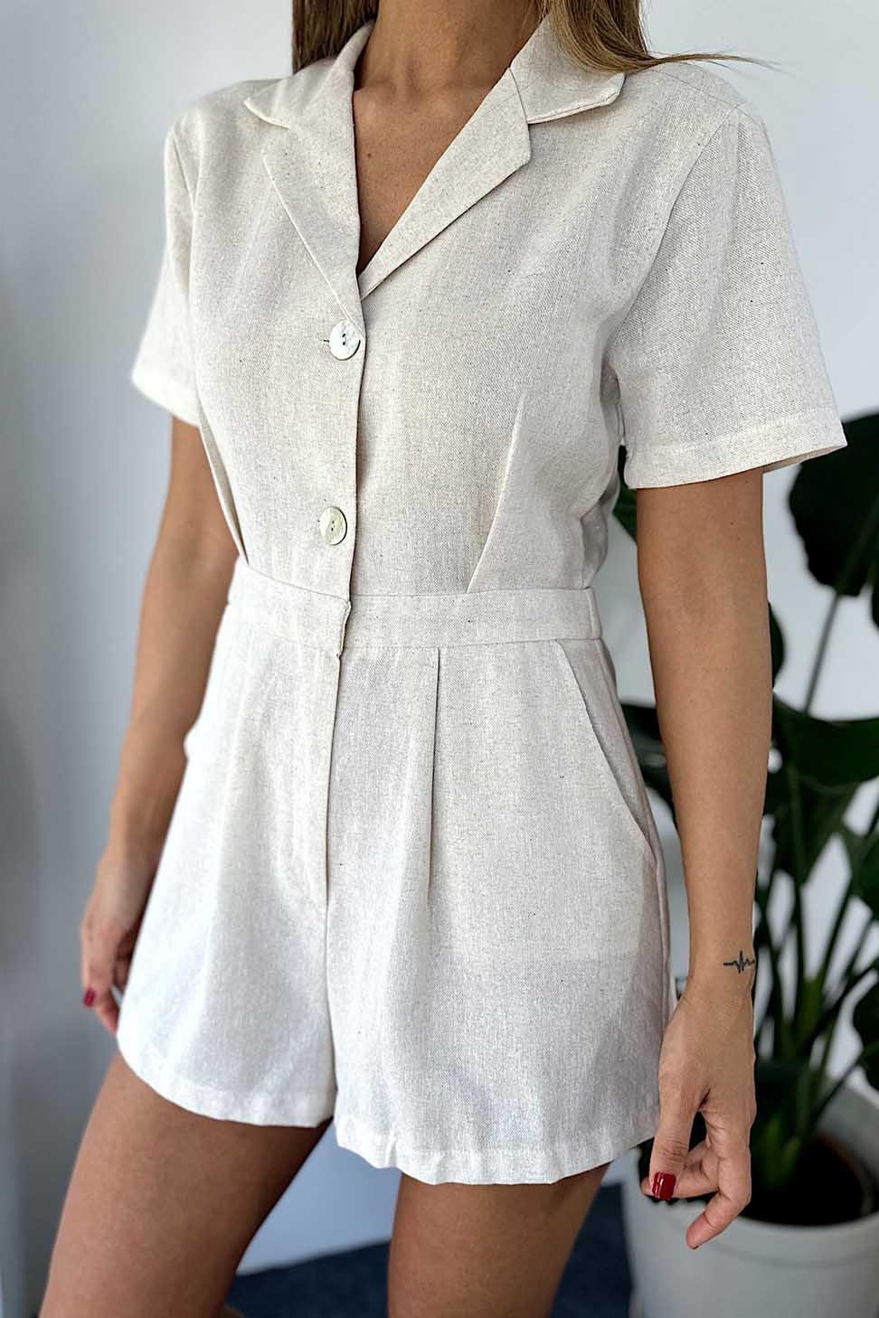 Ham Keten Sedef Düğmeli Şort Tulum Taş