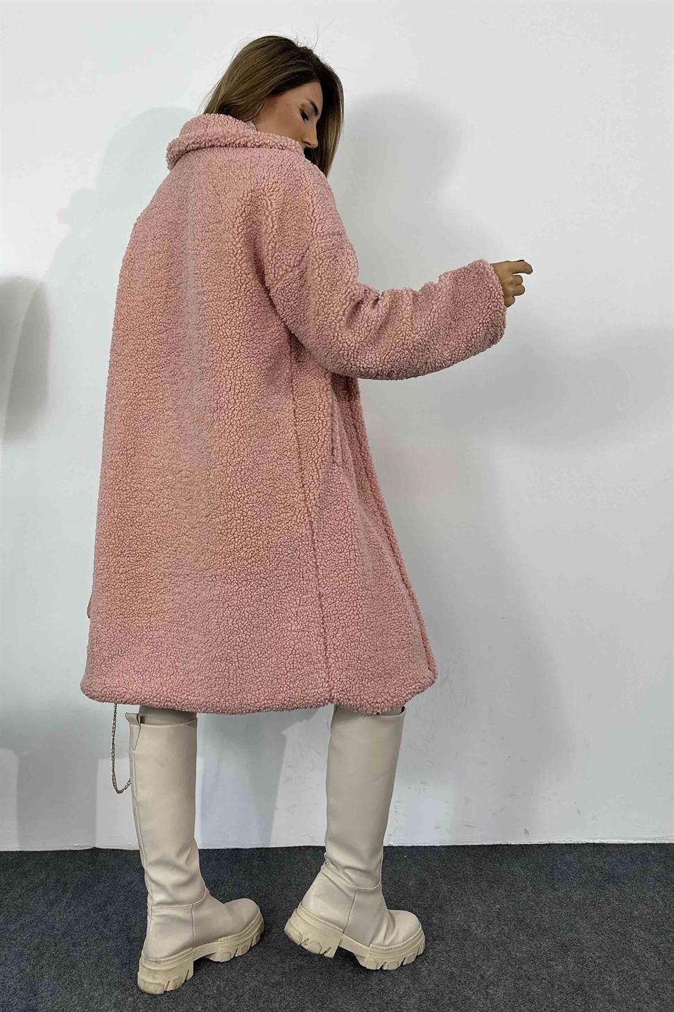 İçi Astarlı Uzun Tedy Kaban Pembe