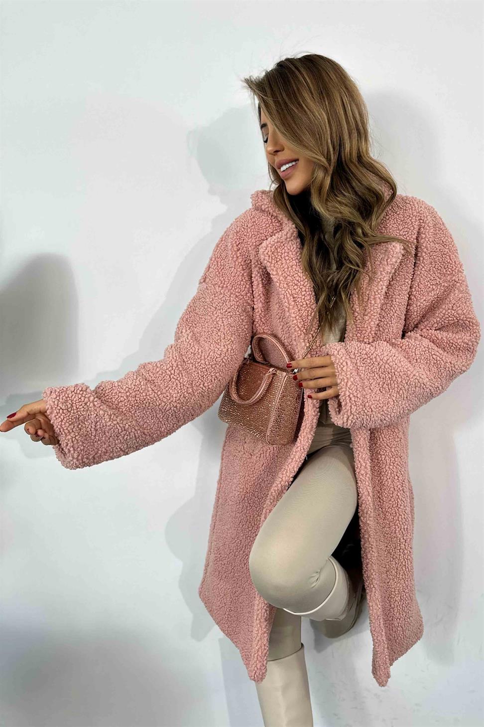İçi Astarlı Uzun Tedy Kaban Pembe