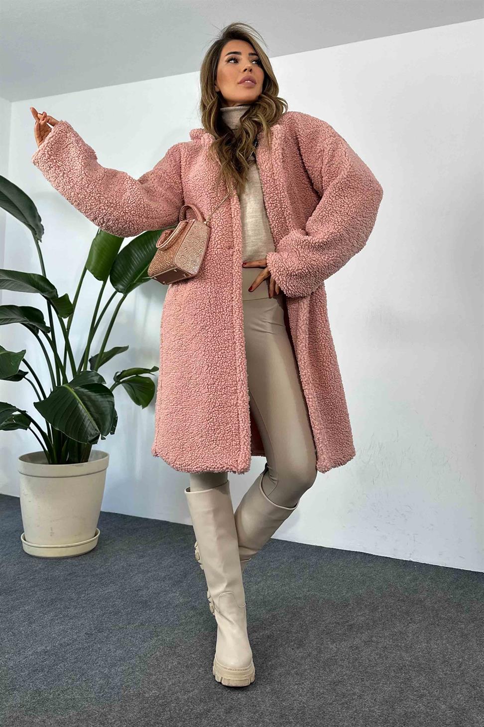 İçi Astarlı Uzun Tedy Kaban Pembe
