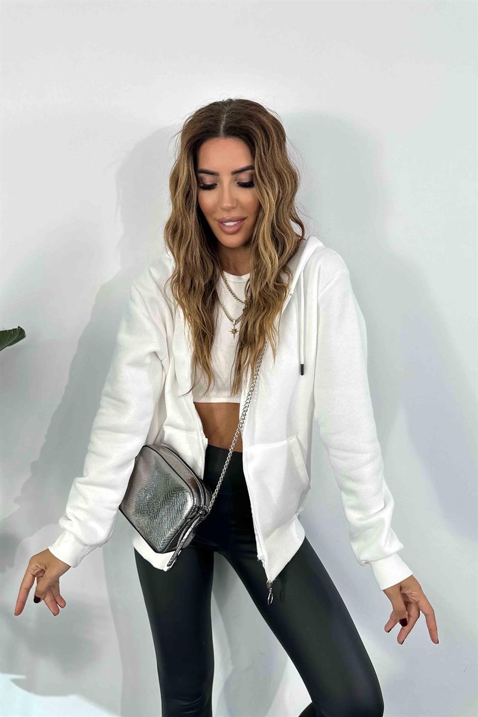 Cep Detay Kapşonlu Kadın Sweatshirt Beyaz