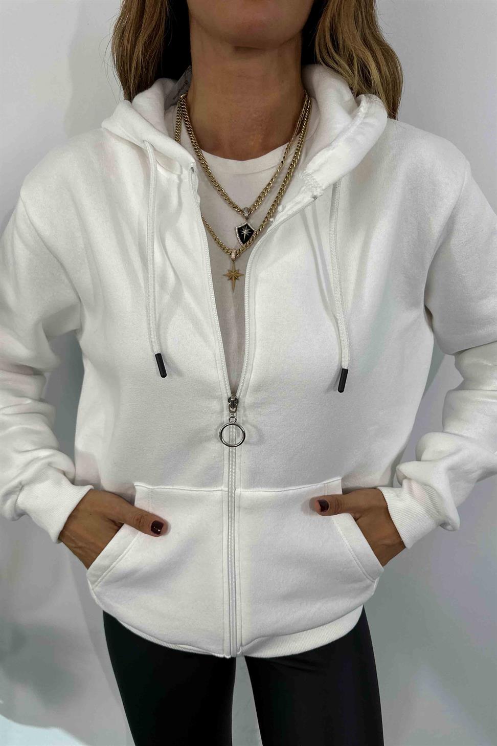 Cep Detay Kapşonlu Kadın Sweatshirt Beyaz