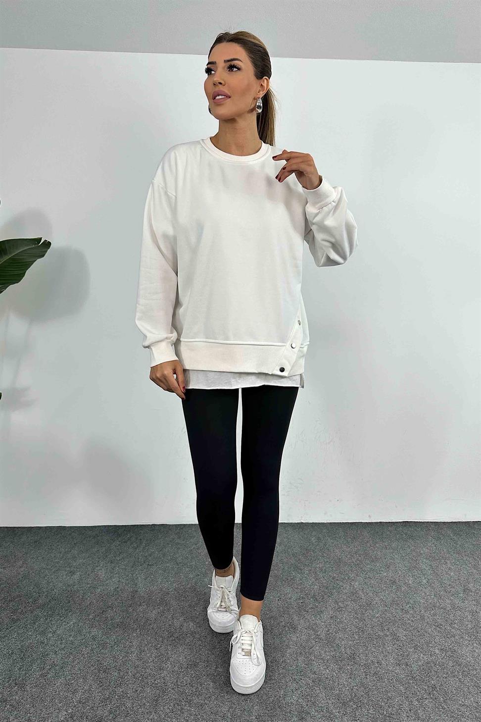 İçi Şardonlu Çıtçıt Detay Kadın Sweatshirt Beyaz