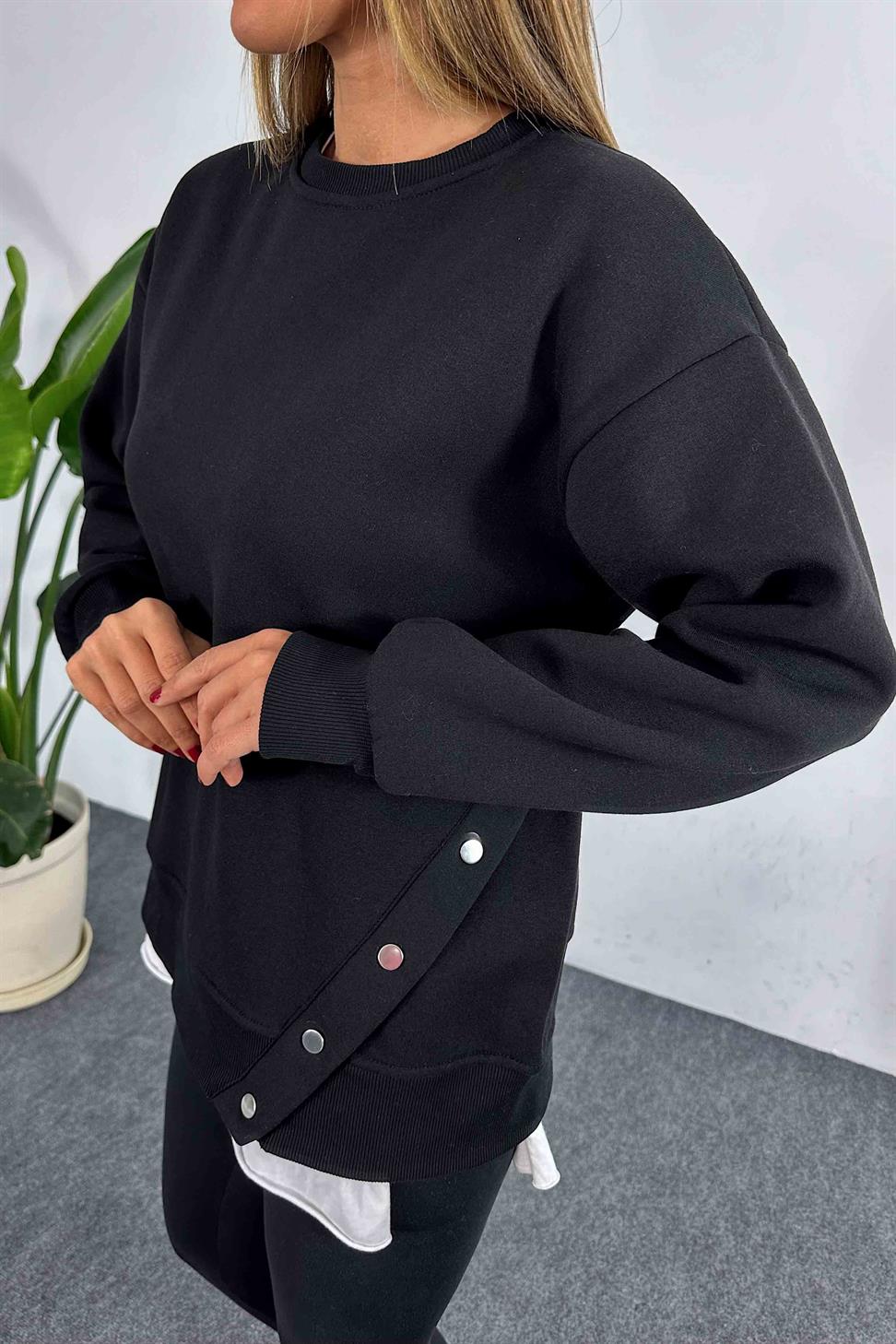 İçi Şardonlu Çıtçıt Detay Kadın Sweatshirt Siyah