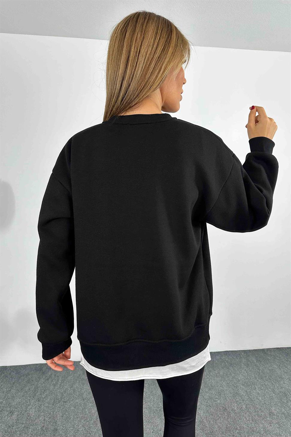 İçi Şardonlu Çıtçıt Detay Kadın Sweatshirt Siyah