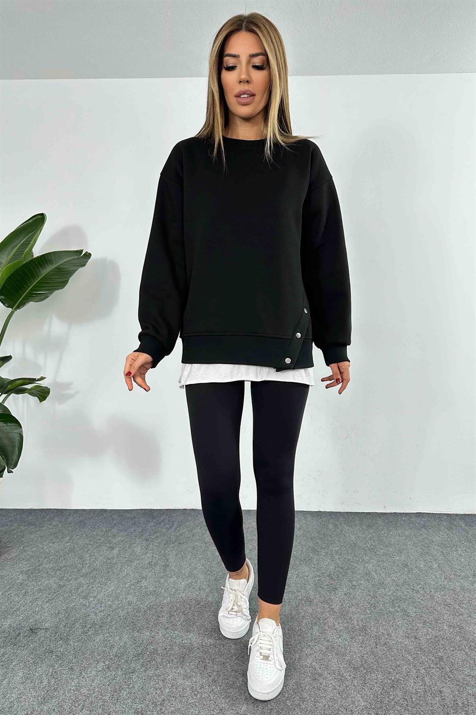 İçi Şardonlu Çıtçıt Detay Kadın Sweatshirt Siyah