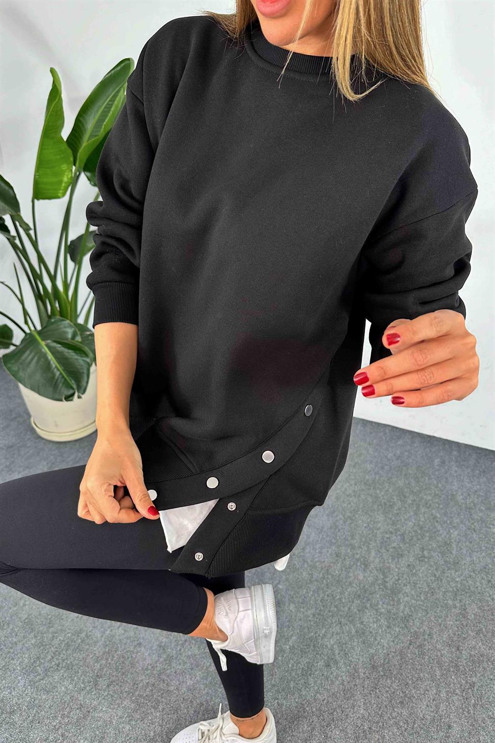 İçi Şardonlu Çıtçıt Detay Kadın Sweatshirt Siyah