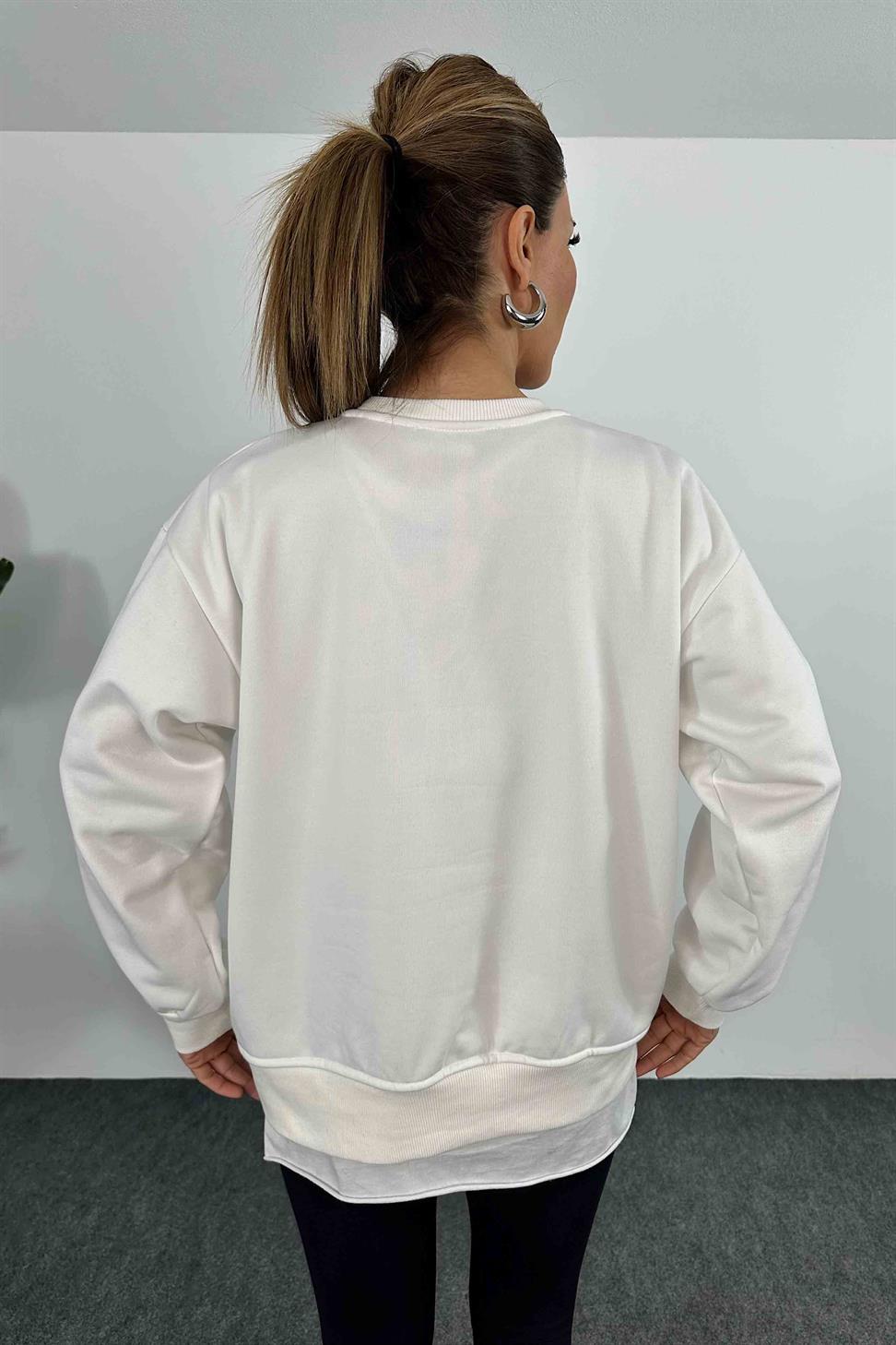 İçi Şardonlu Çıtçıt Detay Kadın Sweatshirt Beyaz