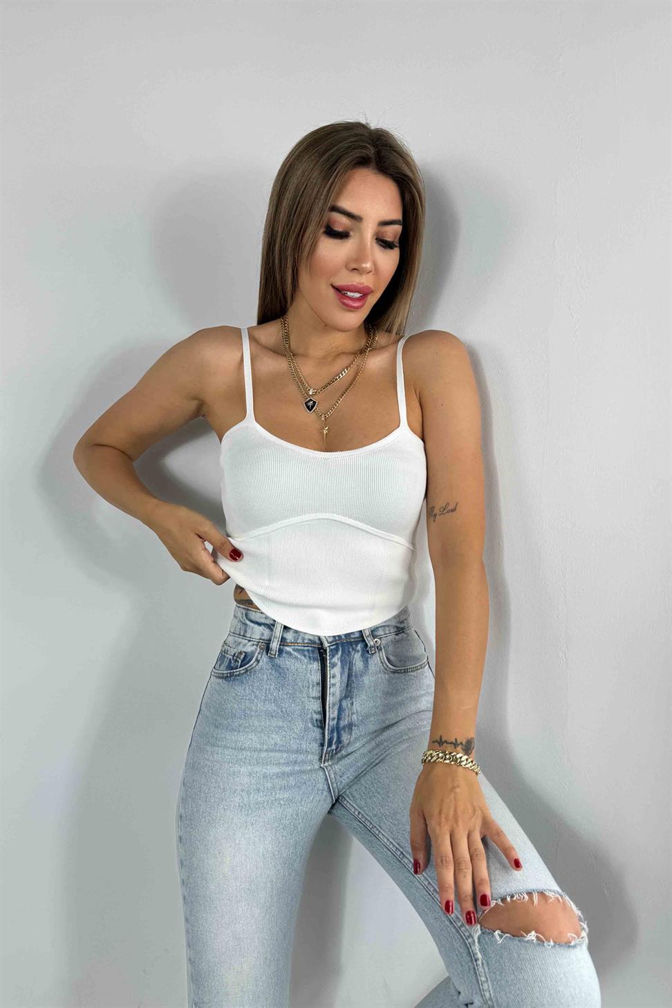 İnce Askılı Triko Bluz Beyaz