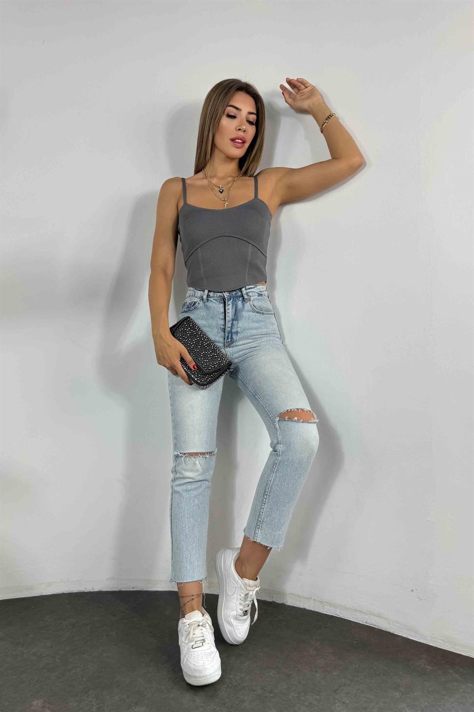 İnce Askılı Triko Bluz Füme