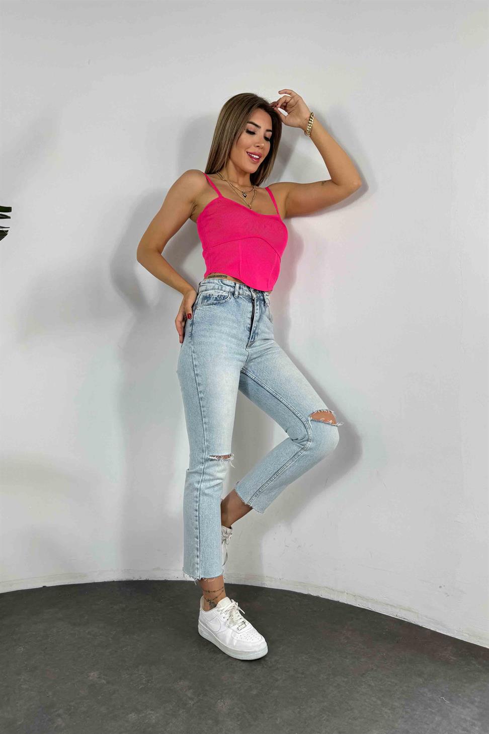 İnce Askılı Triko Bluz Neon Pembe