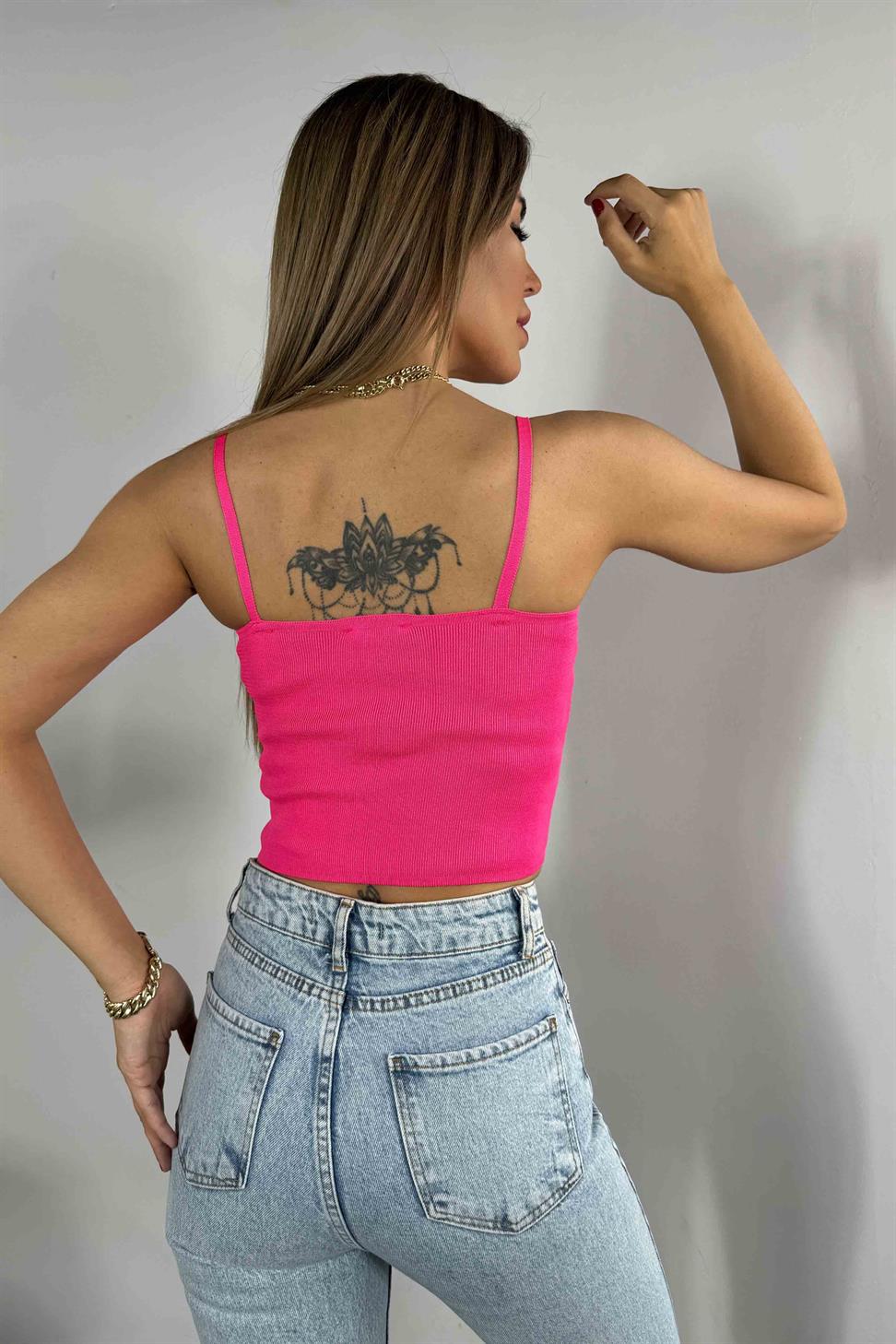 İnce Askılı Triko Bluz Neon Pembe