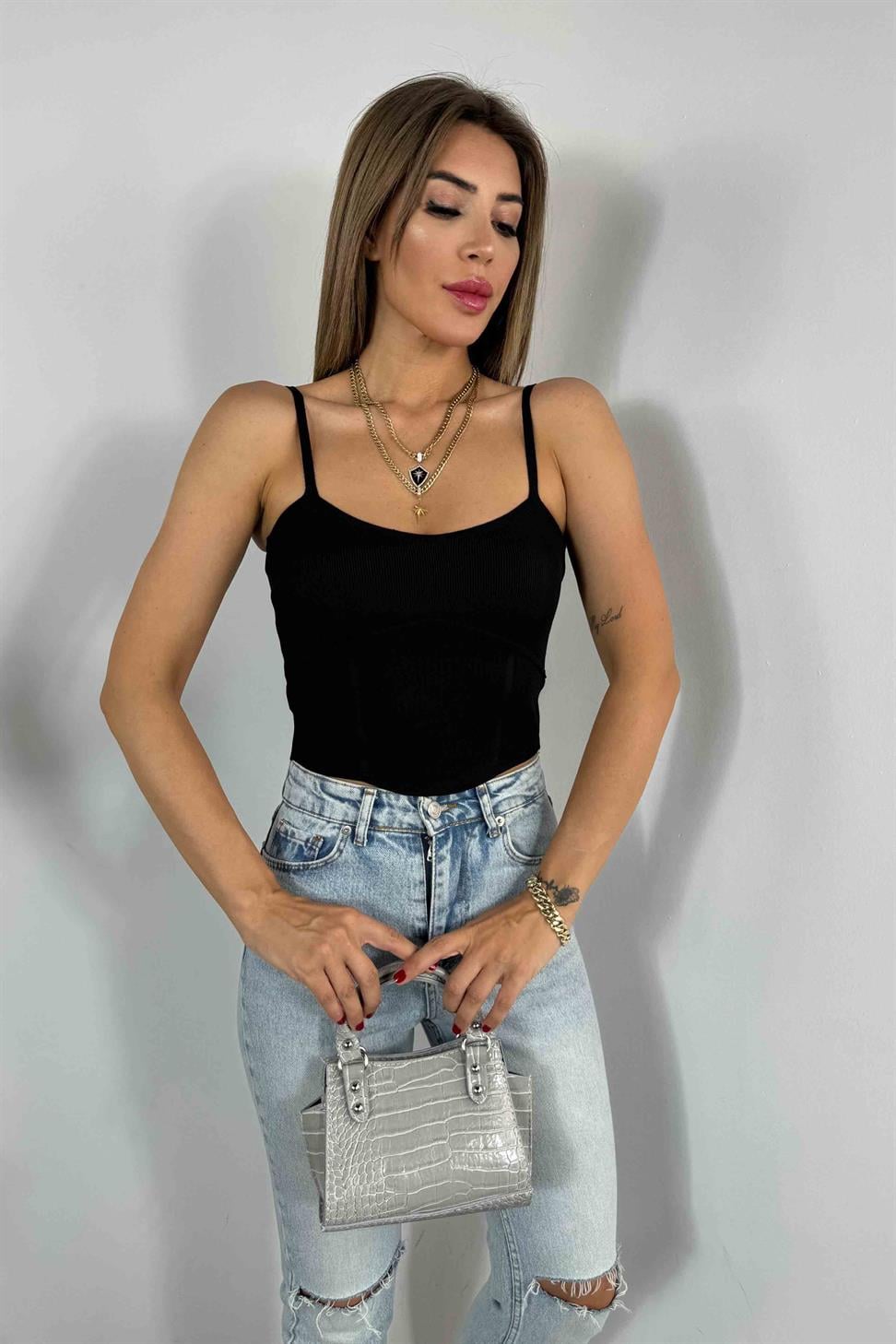 İnce Askılı Triko Bluz Siyah