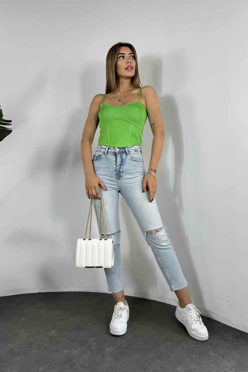 İnce Askılı Triko Bluz Yeşil