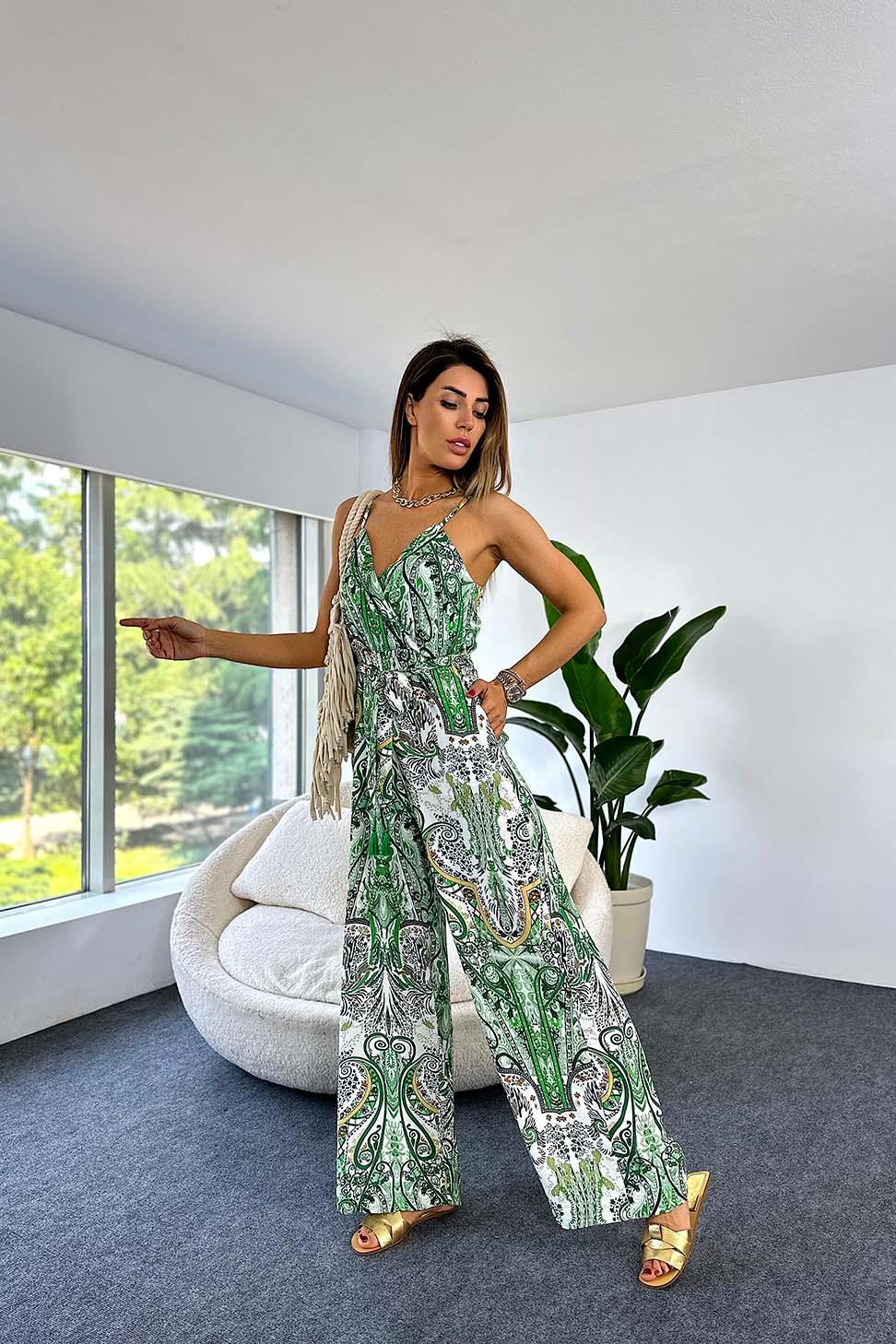 İnce Askılı V Yaka Beli Kuşaklı Salaş Kadın Tulum Yeşil