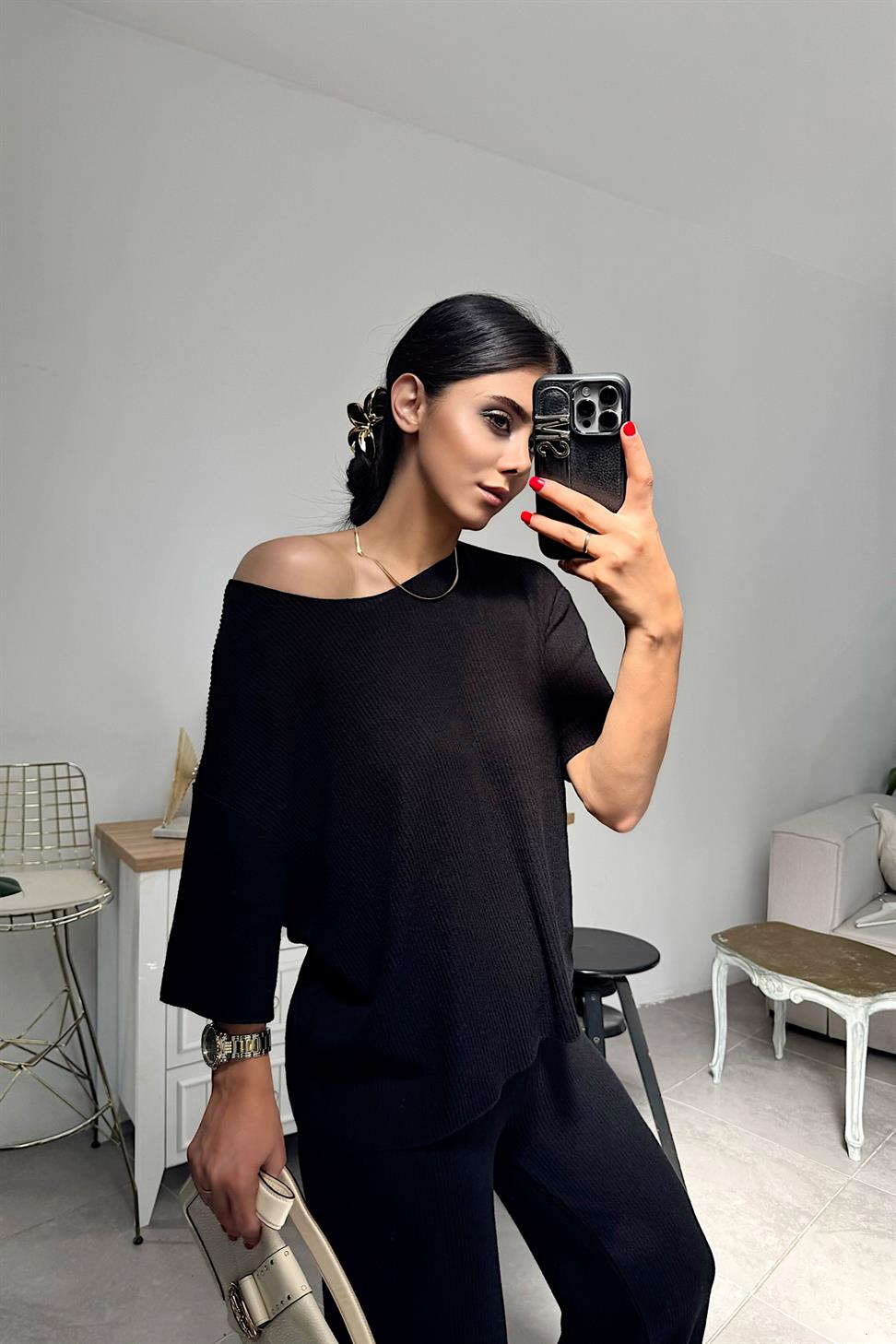 İnce Fitilli Pantolonlu Takım Siyah