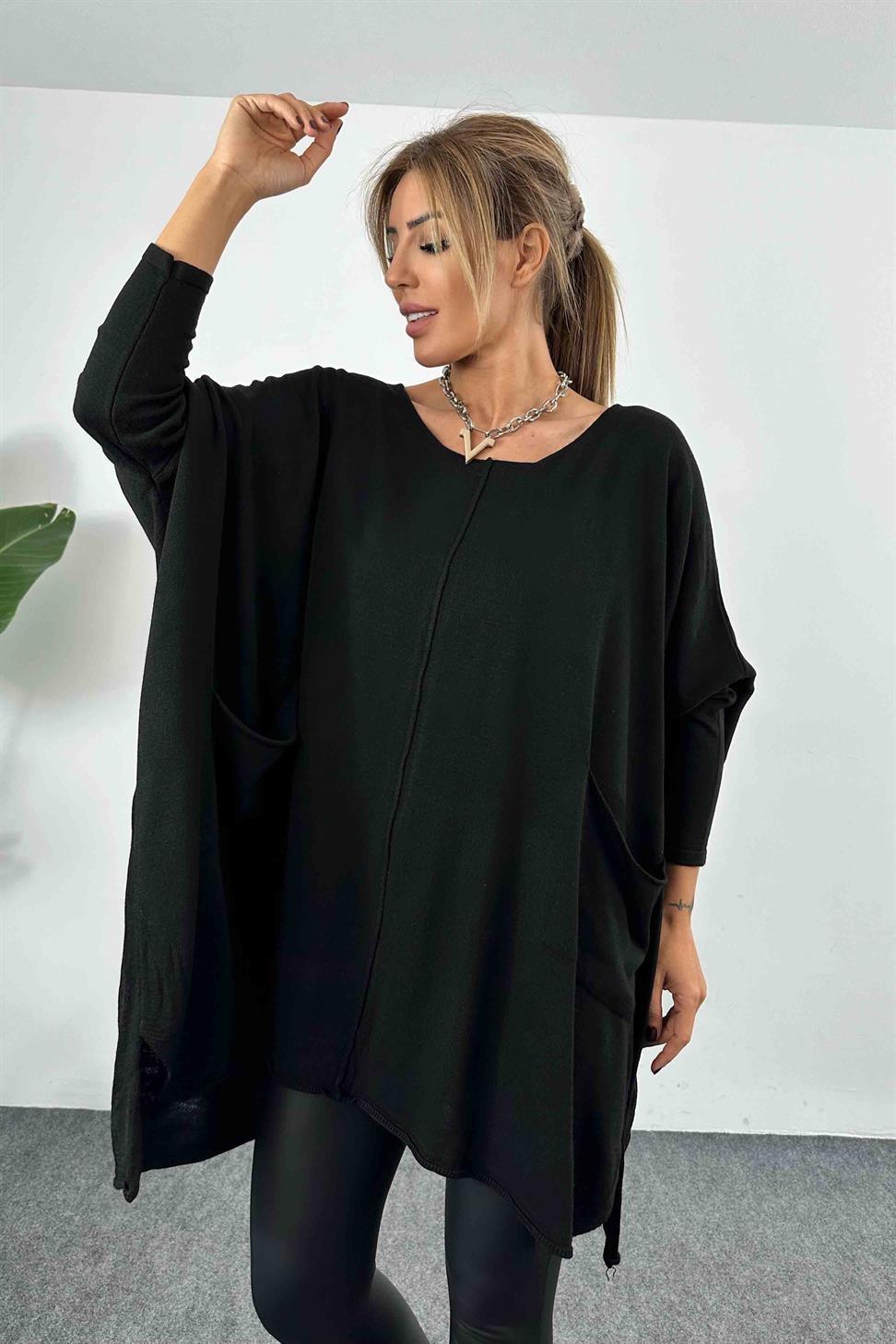 İnce Örme Cep Detaylı Oversize Bluz Siyah
