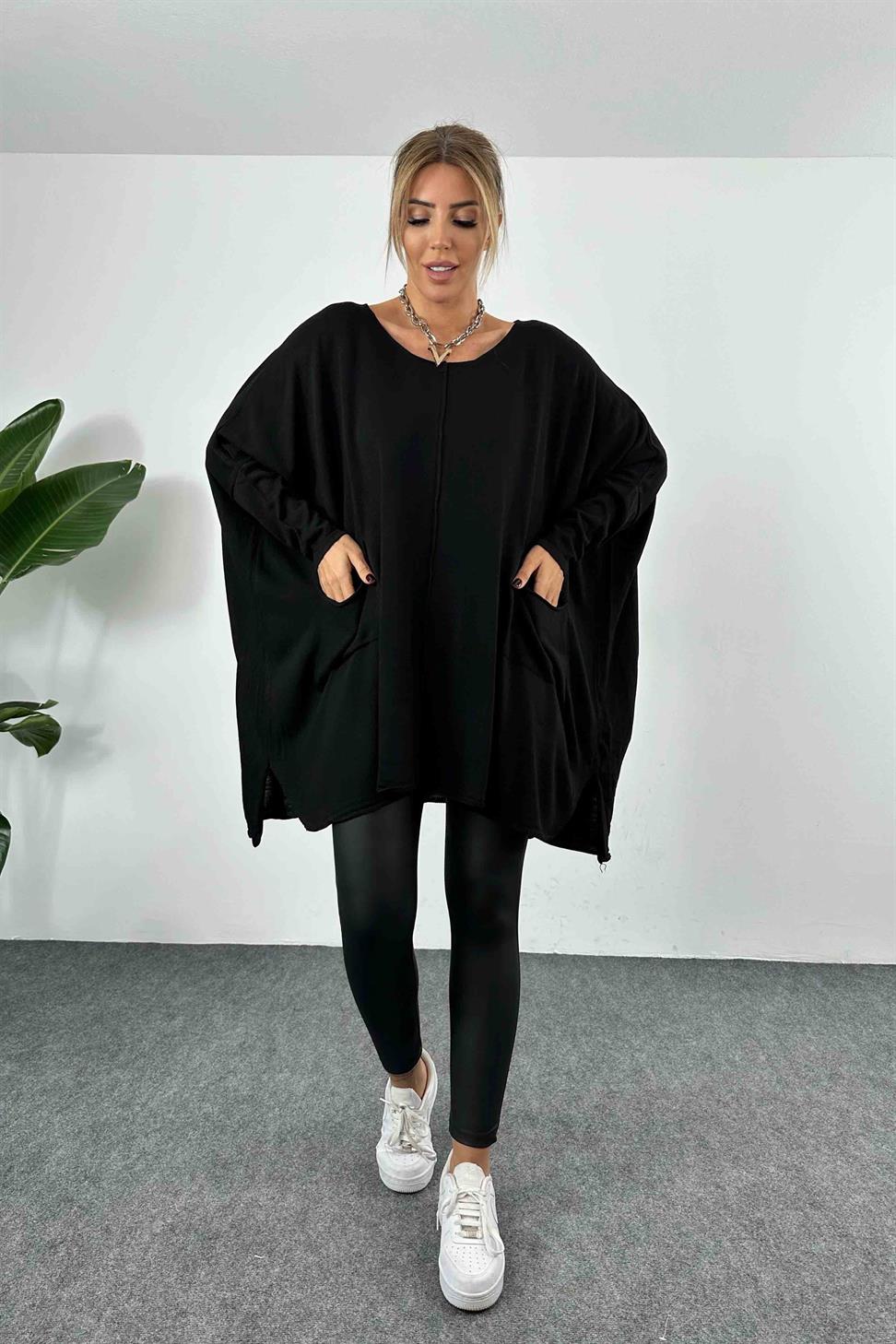 İnce Örme Cep Detaylı Oversize Bluz Siyah