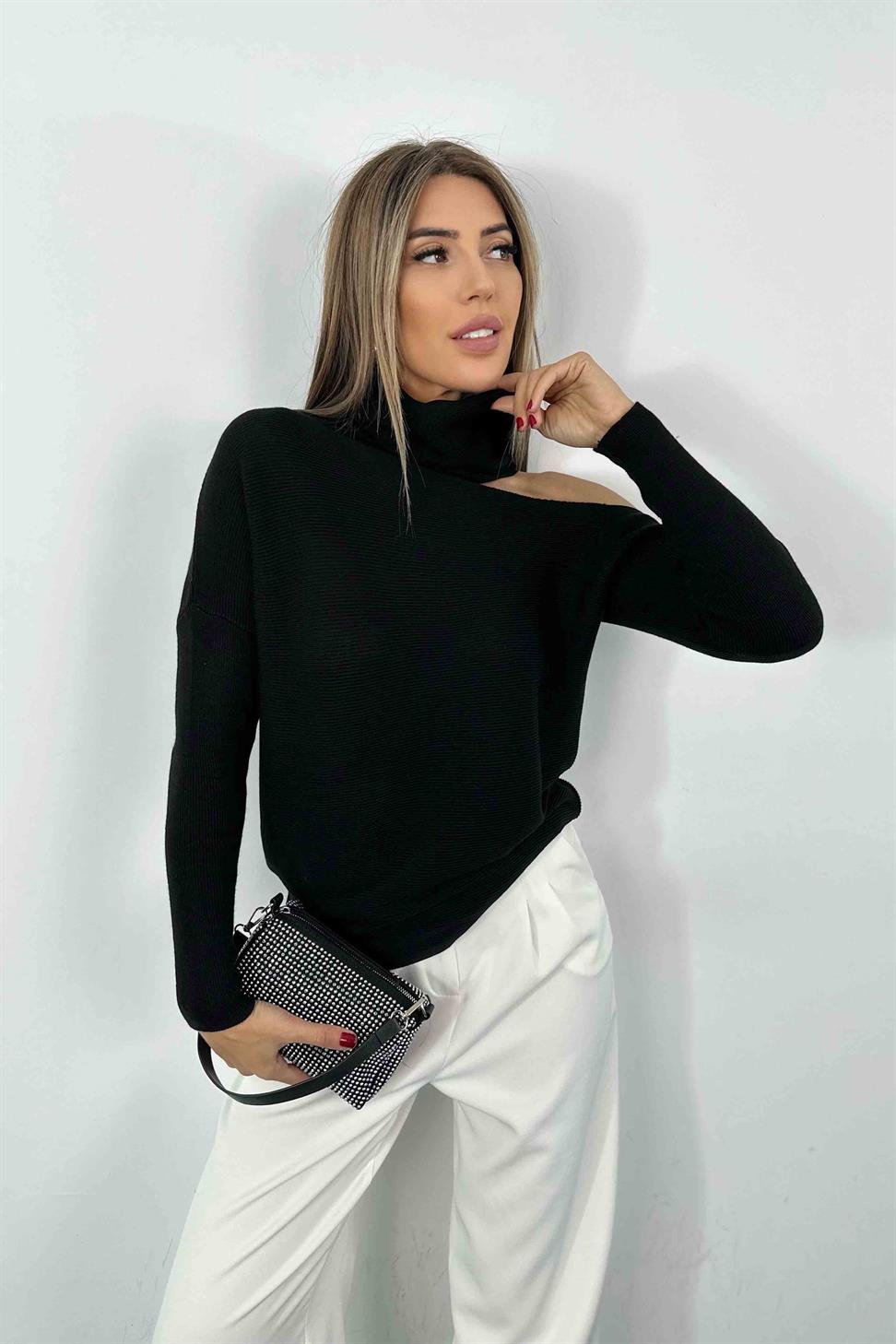 Devrik Yaka Basic Kadın Kazak Siyah