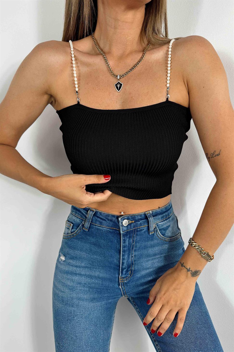 İnci Askılı Fitilli Crop Siyah