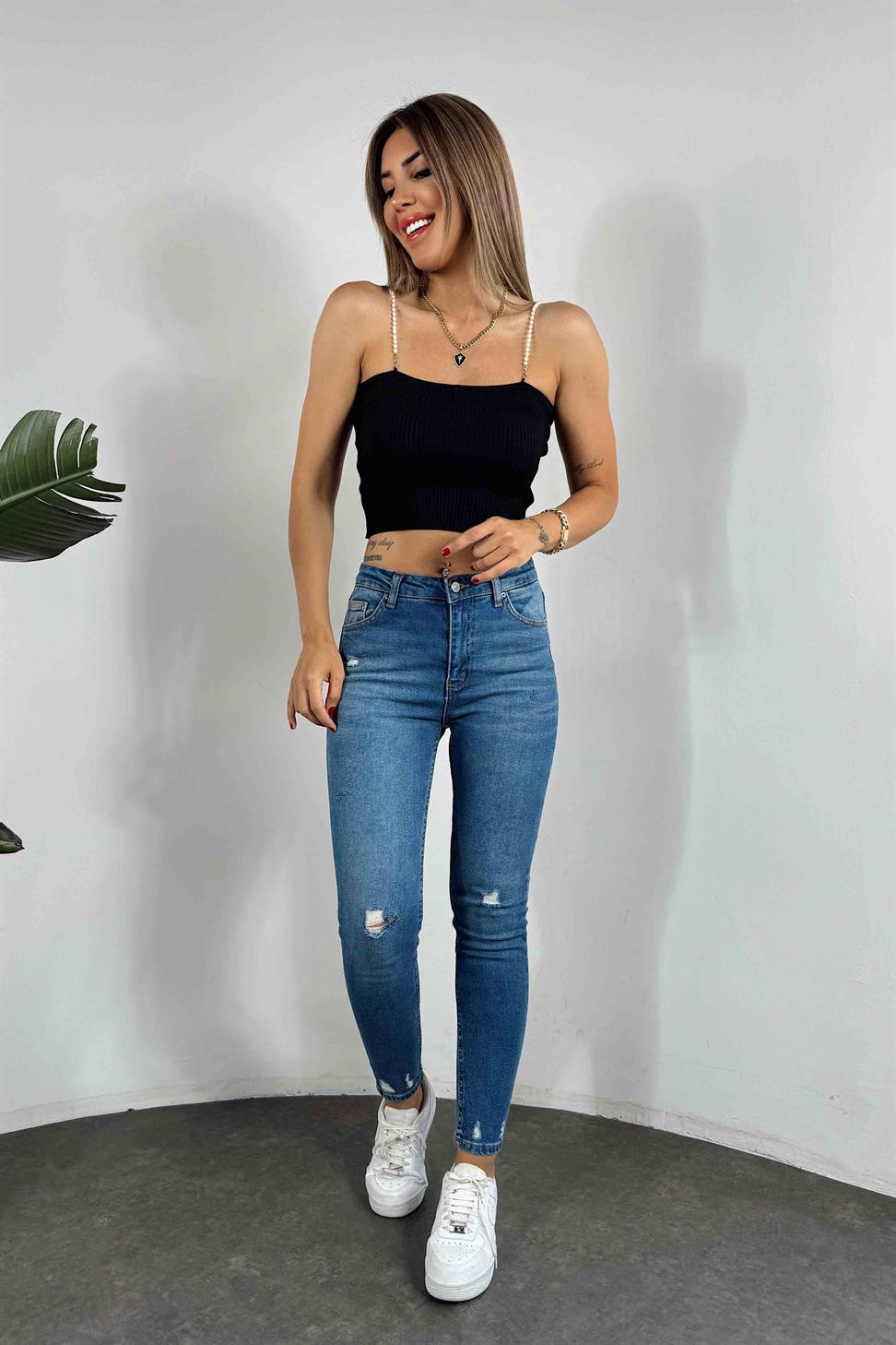 İnci Askılı Fitilli Crop Siyah