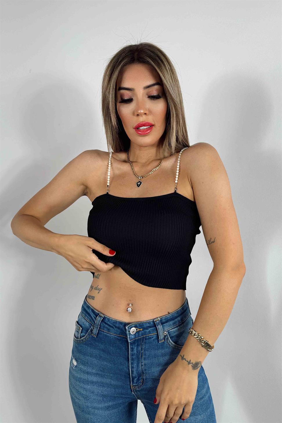 İnci Askılı Fitilli Crop Siyah
